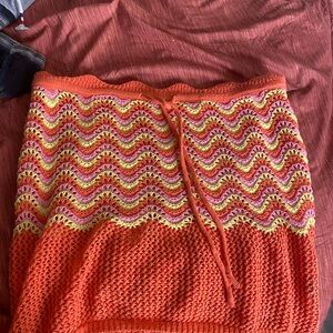 SHEIN Orange Crochet Wave Swim Coverup Skirt with Pink and Yellow Accents